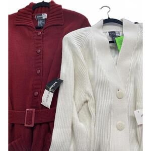 Lot of Two NWT 90s White Button-Up & Burgundy Belted Cardigan Sweater Size Large